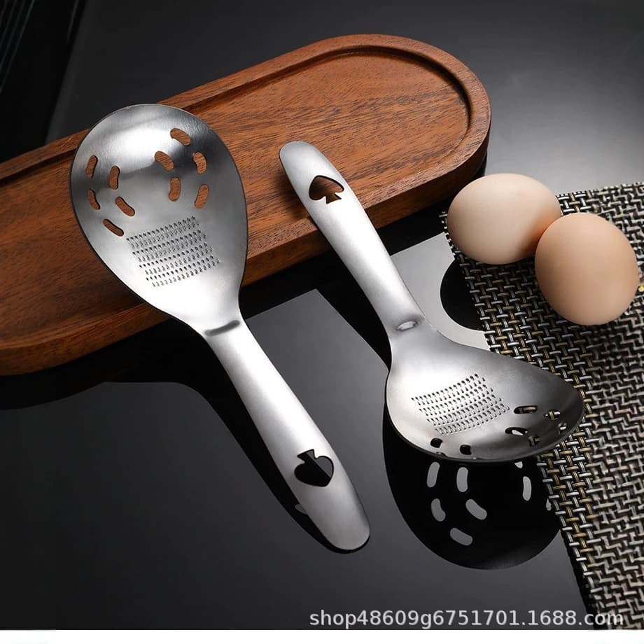 Multifunctional stainless steel cooking colander for scooping noodles, draining soup, grinding garlic and egg white, separating beer bottle opener