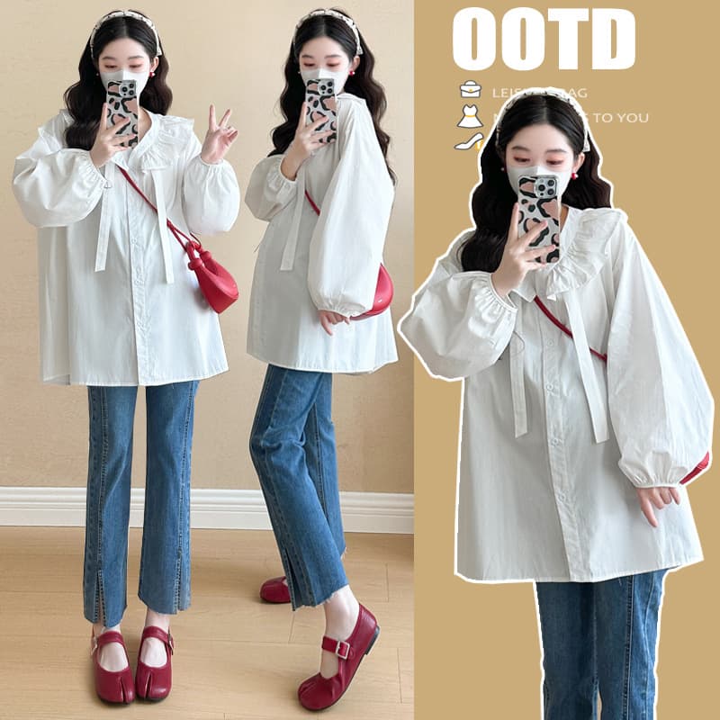 In Stock 2025 Maternity Wear Spring New Long Sleeve Midi Shirt Maternity Babydoll Top Fashionable Trendy Mom
