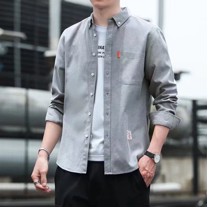 Retro Pure Color Slim Fit Casual Long Sleeve Men's Shirt Business Fashion Iron Free Youth Spring Autumn Cotton Polyester Blend