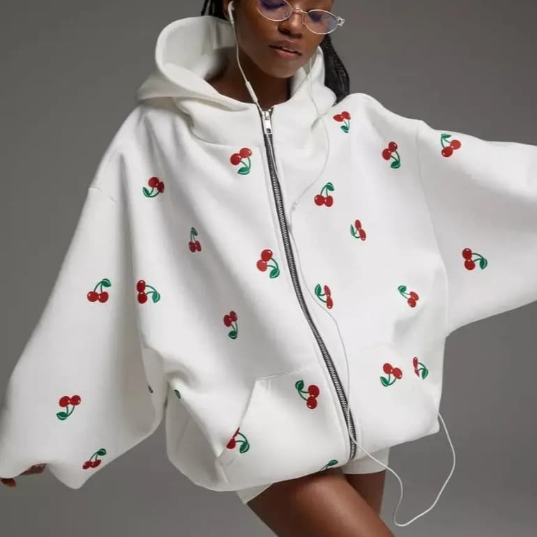 Cherry Print Hoodie Jacket Autumn Women's European and American Street Style Fashion Casual Loose Sports Hoodie