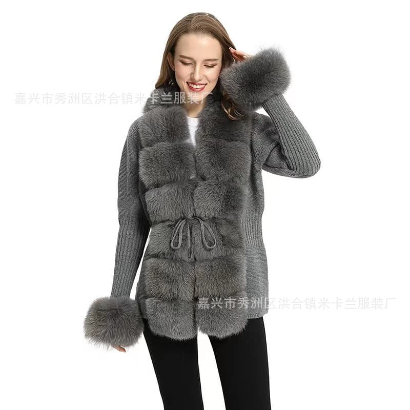 Spring Knitted Fox Fur Cardigan Women's Elegant Knitwear Open Front Coat Stylish British Style Long Sleeve Warm Outerwear