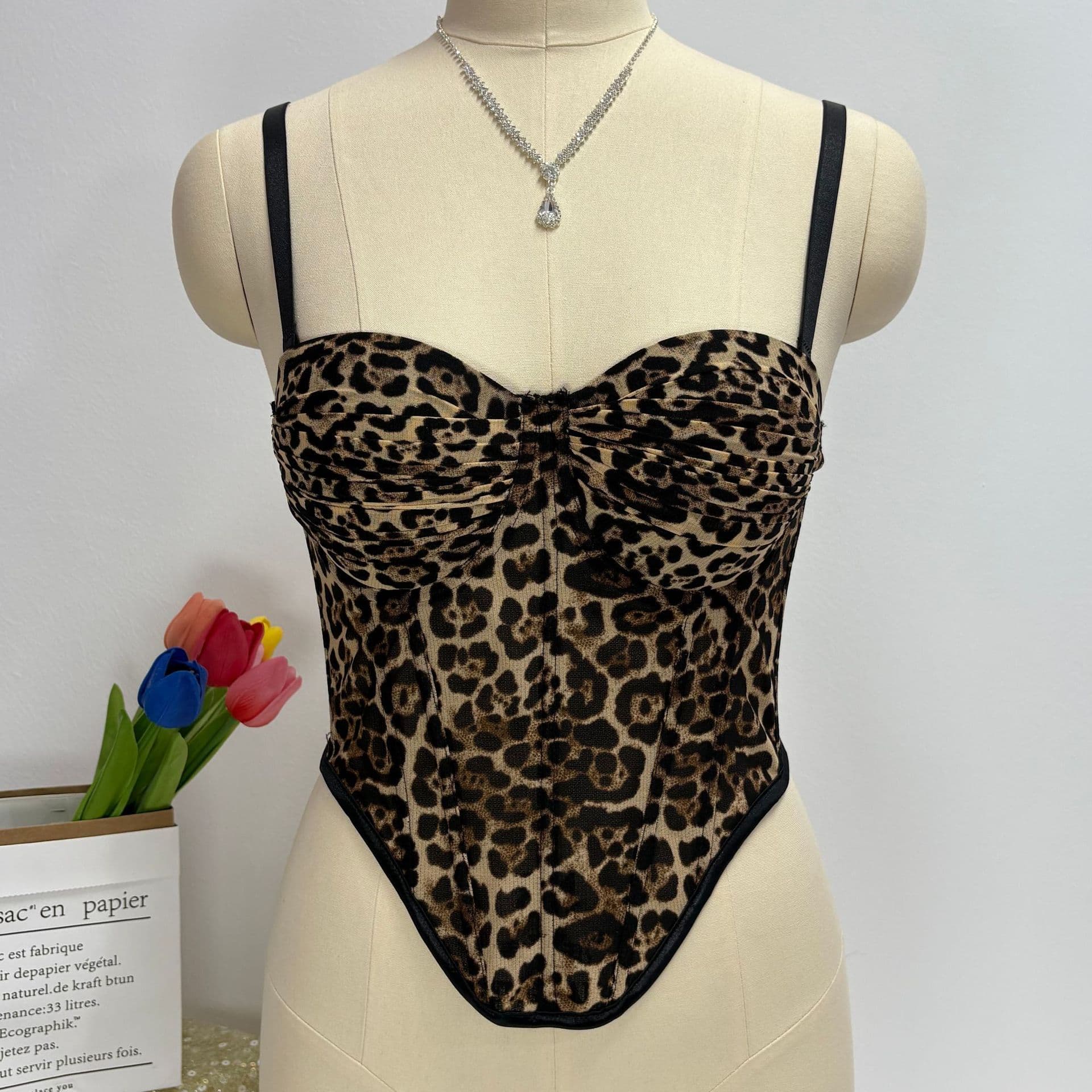 European and American cross-border plus size retro pure and sexy leopard print strapless top fishtail bra slim fit outerwear vest