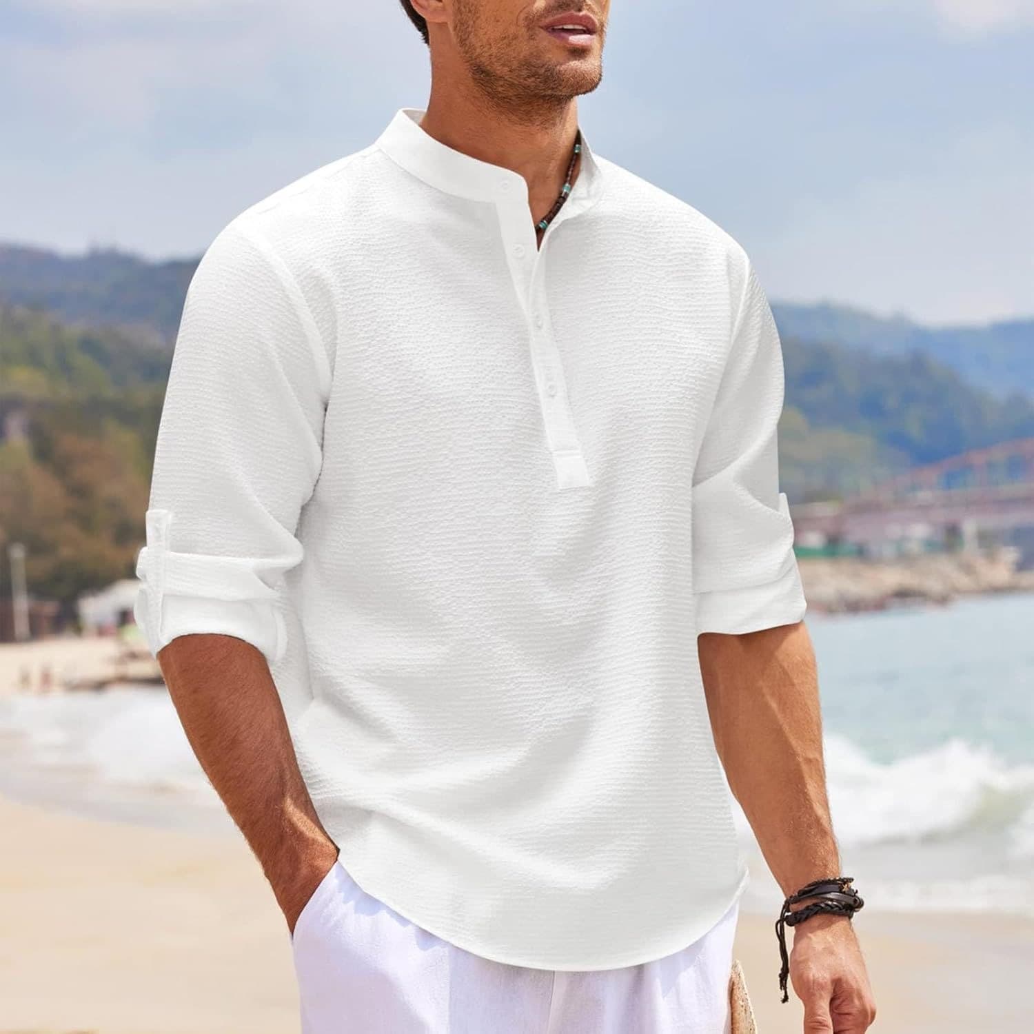 2026 AliExpress Europe and America Men's New Stand Collar Long Sleeve Shirt Versatile Half Button Pullover Top Wholesale Cross-border