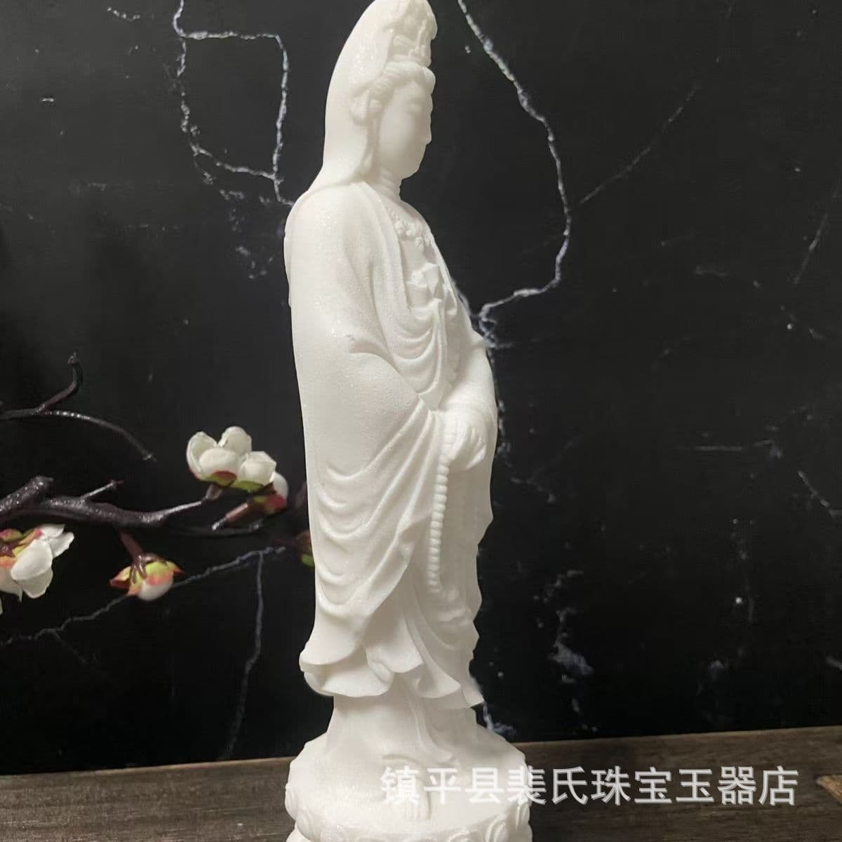 White Marble Lotus Seat Guanyin Bodhisattva Zen Decoration for Home Worship, Peace Protection, Living Room Entryway Ornament