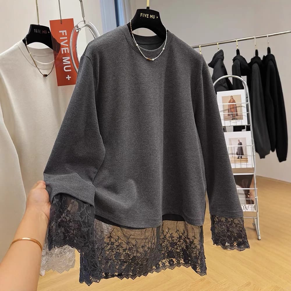 Elegant Lace Splicing Fleece Long Sleeve Women's T-shirt Autumn Winter Inner Wear Outerwear Base Shirt Trendy Top Polyester Fabric