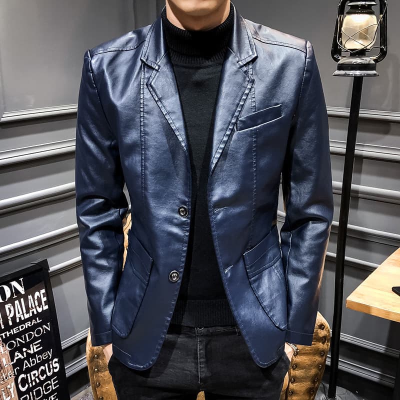 2023 Spring/Autumn Korean Style Fashion Business Casual Suit Collar Men's Leather Jacket PU Motorcycle Slim Fit Leather Jacket Men's Clothing