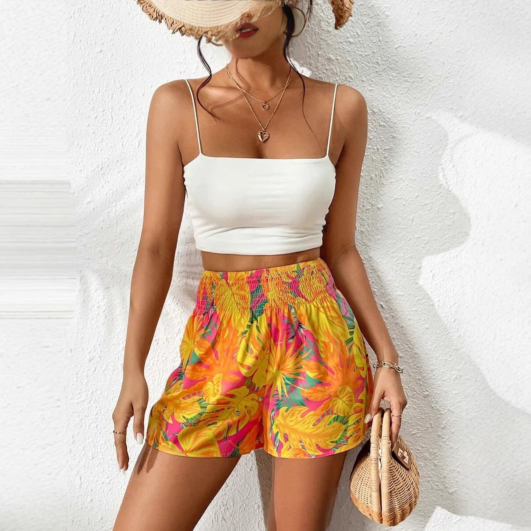 2025 Europe America Cross-Border Summer New Plus Size Print Waistband Women's Casual Shorts