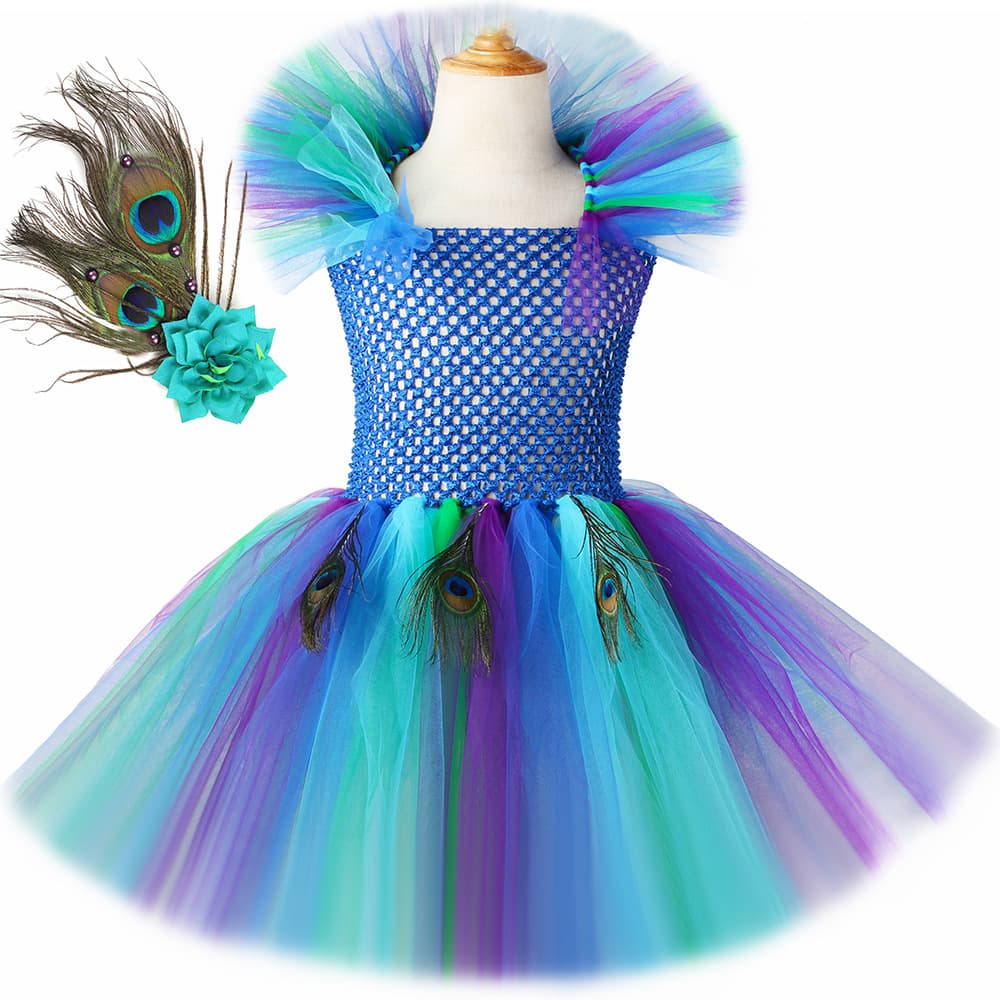 New European and American Peacock Princess Dress with Feather Headband, Girls' Tulle Puffy Dress, Children's Formal Gown for Export
