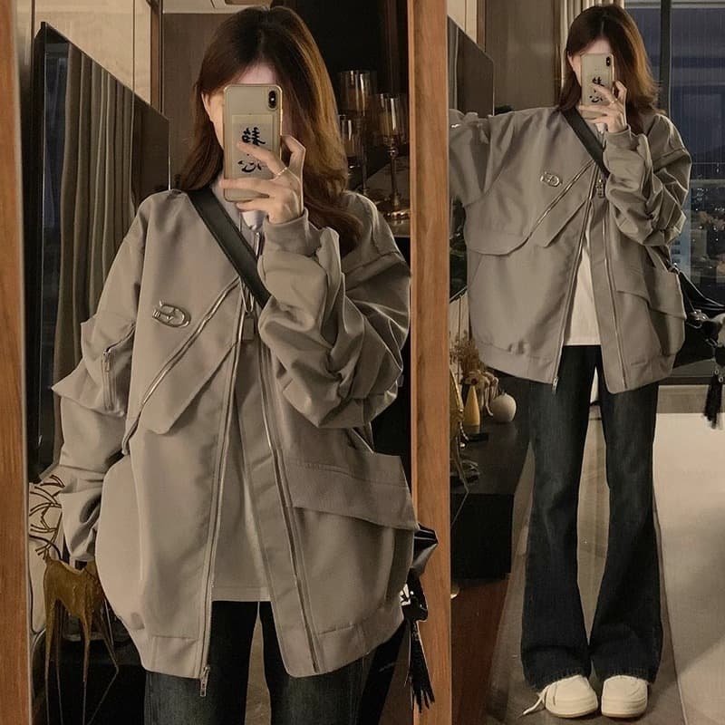 Hong Kong style retro niche design jacket for women spring new flight jacket baseball jacket overalls couple tops