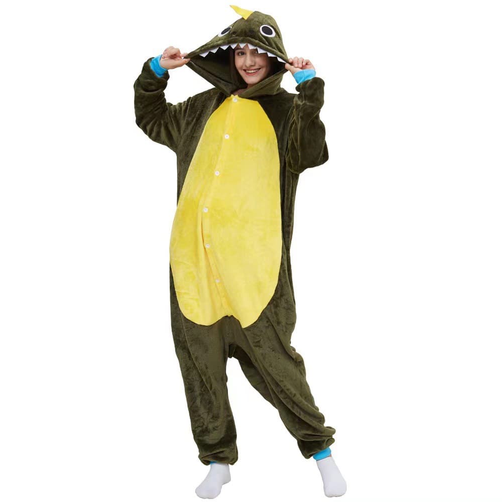 Cross-border Little Spiny Dragon Onesie Pajamas for Men and Women, Homewear, Costume, Army Green, Cute Cartoon Dinosaur Onesie Pajamas