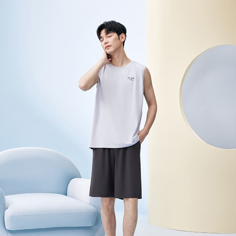 Lenzing Modal Cotton Sleepwear for Men Summer Vest and Shorts Set Thin Men's Pajama Loungewear Suitable for Outdoor Wear