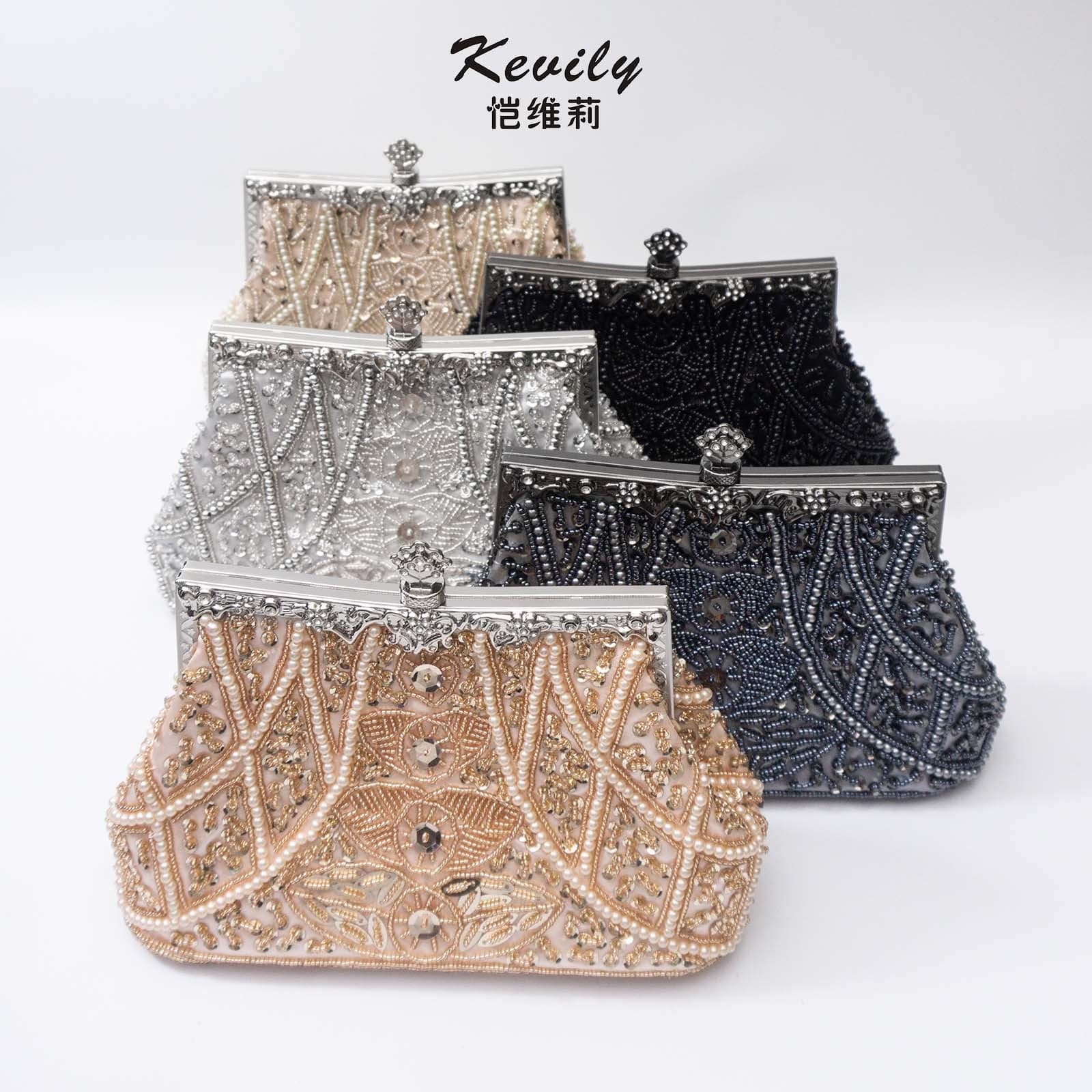 Kaiweili Retro Geometric Hand-Beaded Bag Cross-Border Women's Evening Bag Dress Cheongsam Bag Beaded Formal Bag
