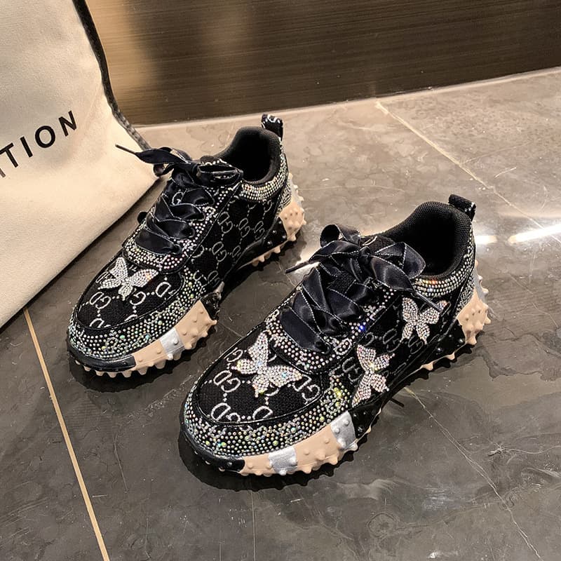 Trade New Full Diamond Sports Shoes Korean Version Bow Dad Shoes Low-top Thick Sole Fashion Letter Casual Shoes