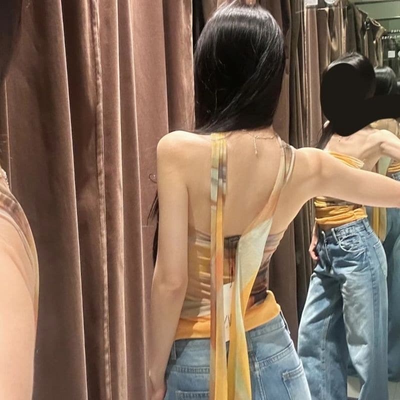 2026 Women's Summer New Halter Neck Tube Top with Ruffle Trim, Sheer Floral Print, Bodycon Wrap Style, Sweet and Spicy