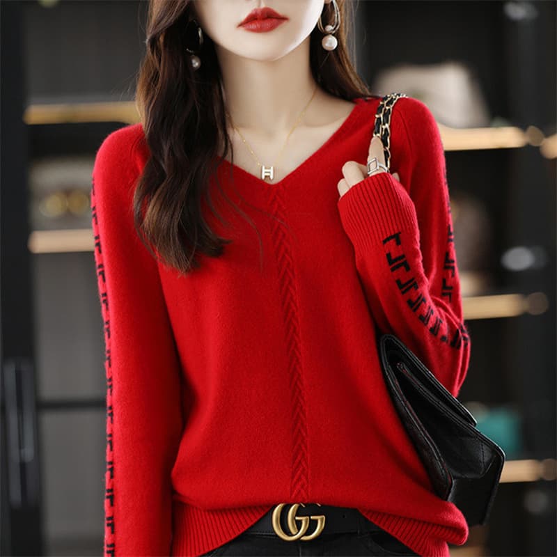 V-Neck Knit Top Women Short Color-Block Knit Base Layer 2024 Fall Winter New Stylish Pullover V-Neck Sweater Women Trendy
