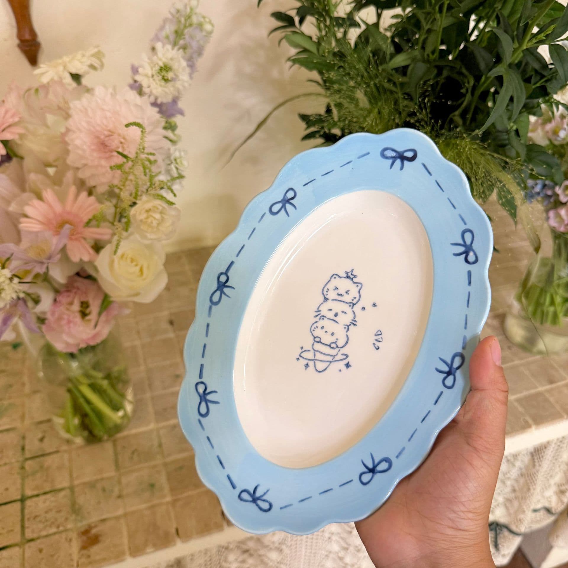 Ins-style ceramic breakfast plate, cute blue bow cat oval plate, home dessert fruit cake plate
