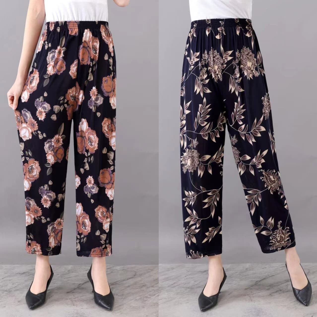 Middle-Aged and Elderly Mom Pants Base Layer Summer Thin Elderly Floral Pants Loose Women's Pants Ice Silk Cropped Grandma Pants Factory Direct Sale
