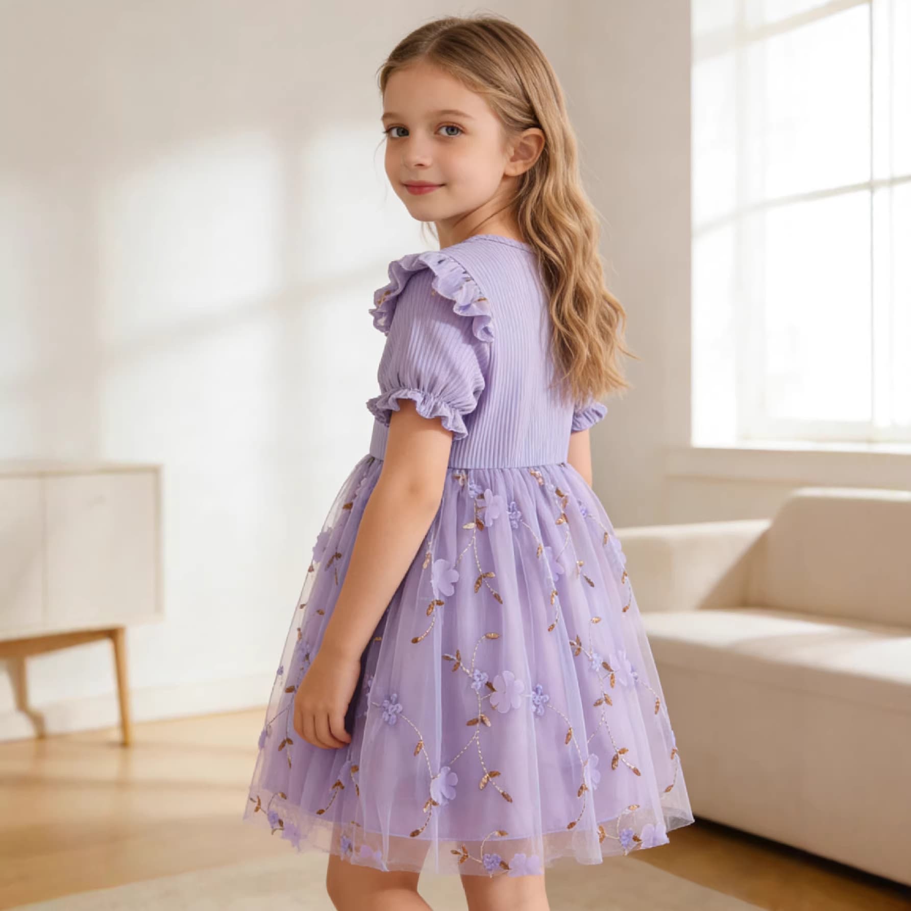 Girls Pink Flutter Sleeve Floral Embroidered Tulle Princess Dress Summer New Kids Waist-Cinching Birthday Party Gown