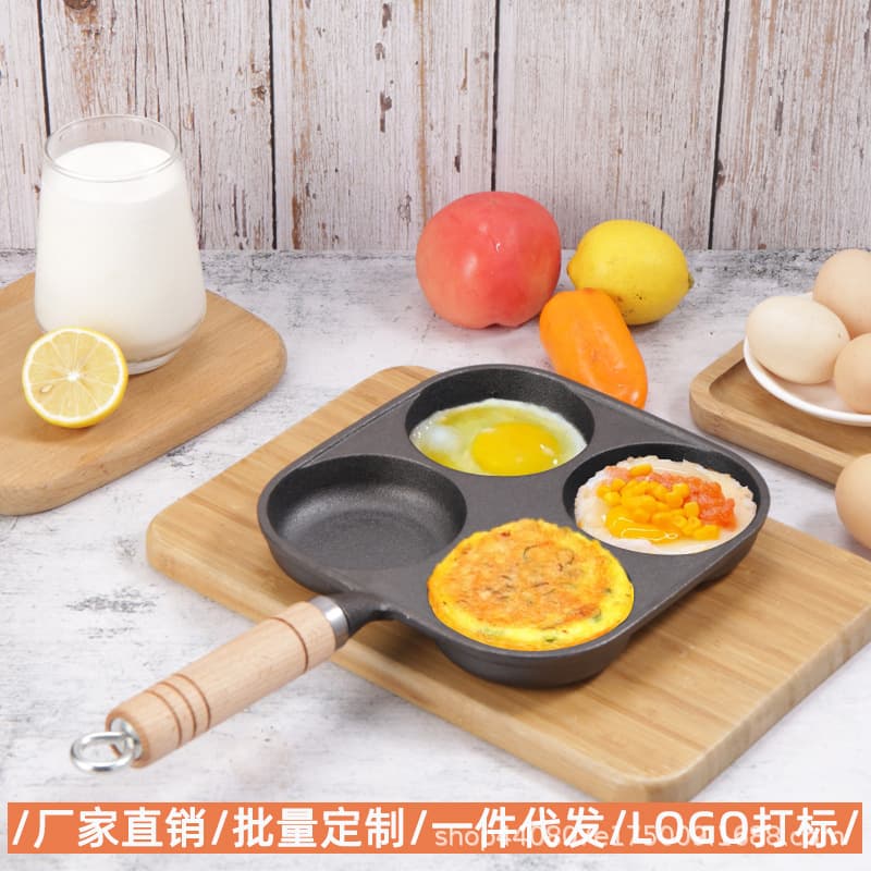 Wholesale Safe Coating-Free Household Four-Hole Cast Iron Egg Frying Pan for Egg Burgers, Complementary Food, and Pancakes, Non-Stick Flat Bottom