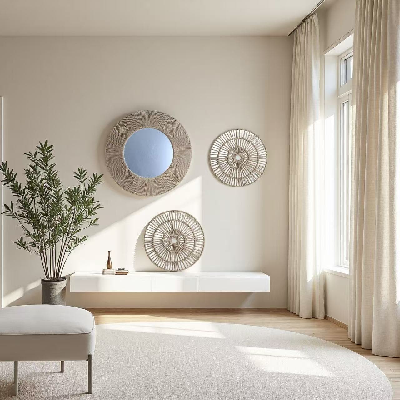 Bohemian Handwoven Macrame Wall Hanging Mirror, Round Rope Wall Decor, Light Luxury for Living Room and Bedroom