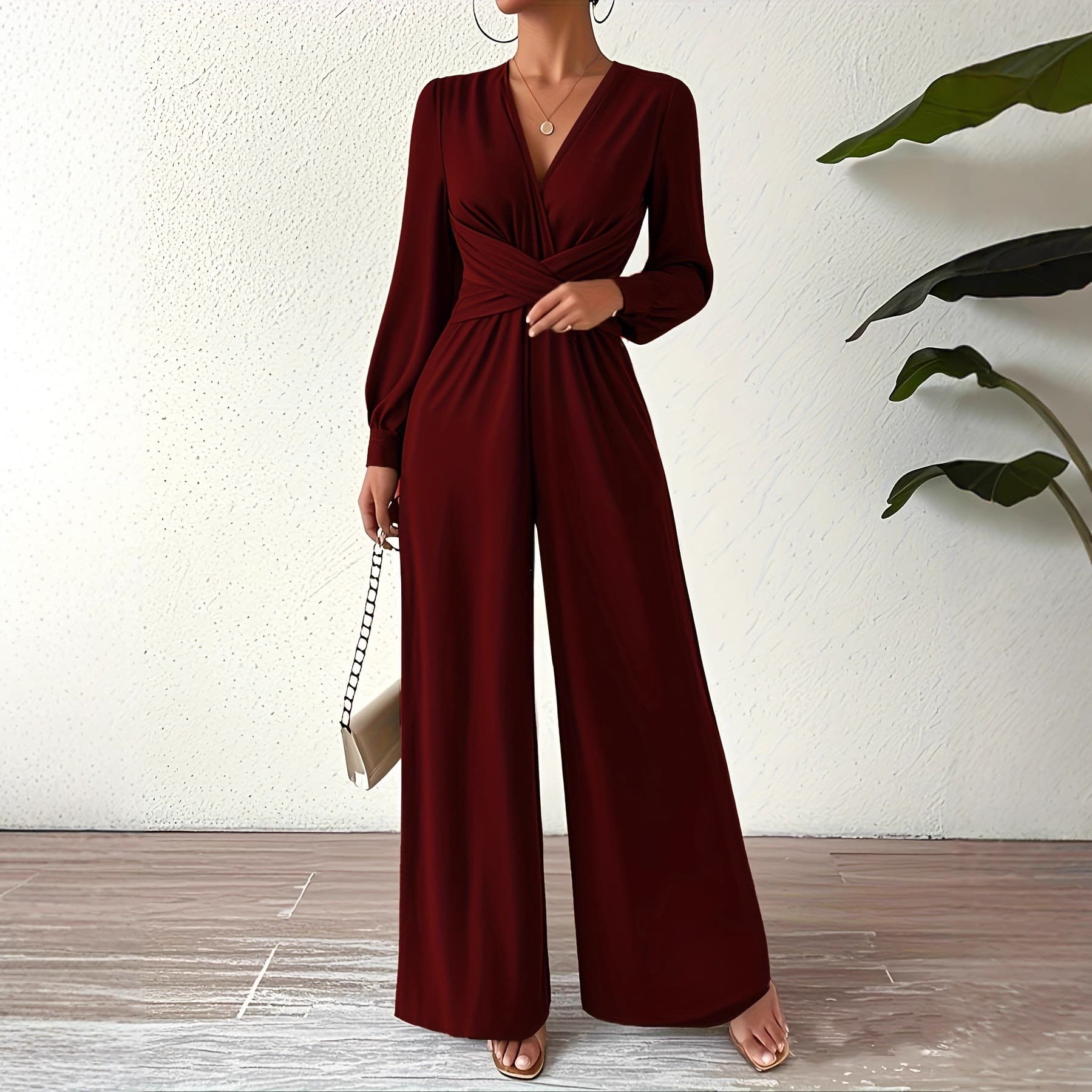 CN5222 Women's New Old Money Style Long Sleeve Camisole V-Neck Cross Waist Elegant Jumpsuit
