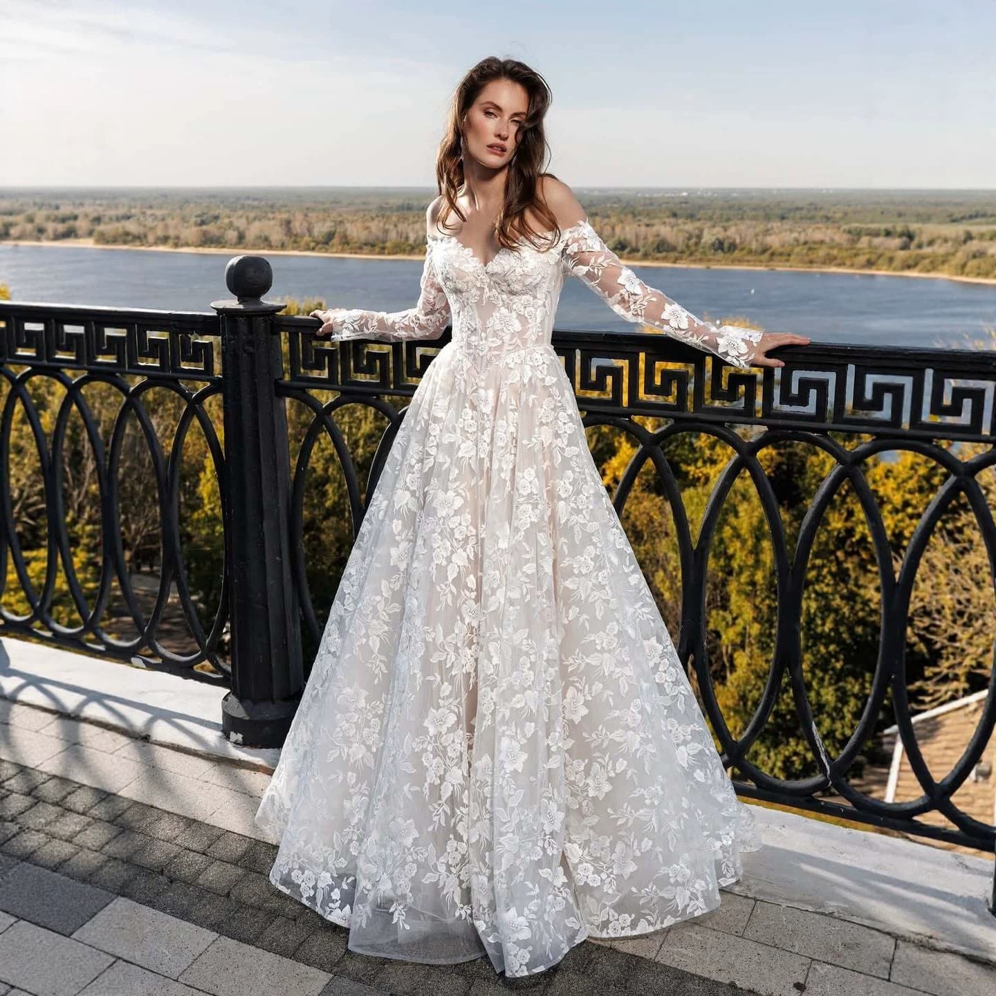 European and American New Women's Autumn/Winter Long Sleeve V-Neck Flared Lace Dress Wedding Gown for AliExpress Amazon