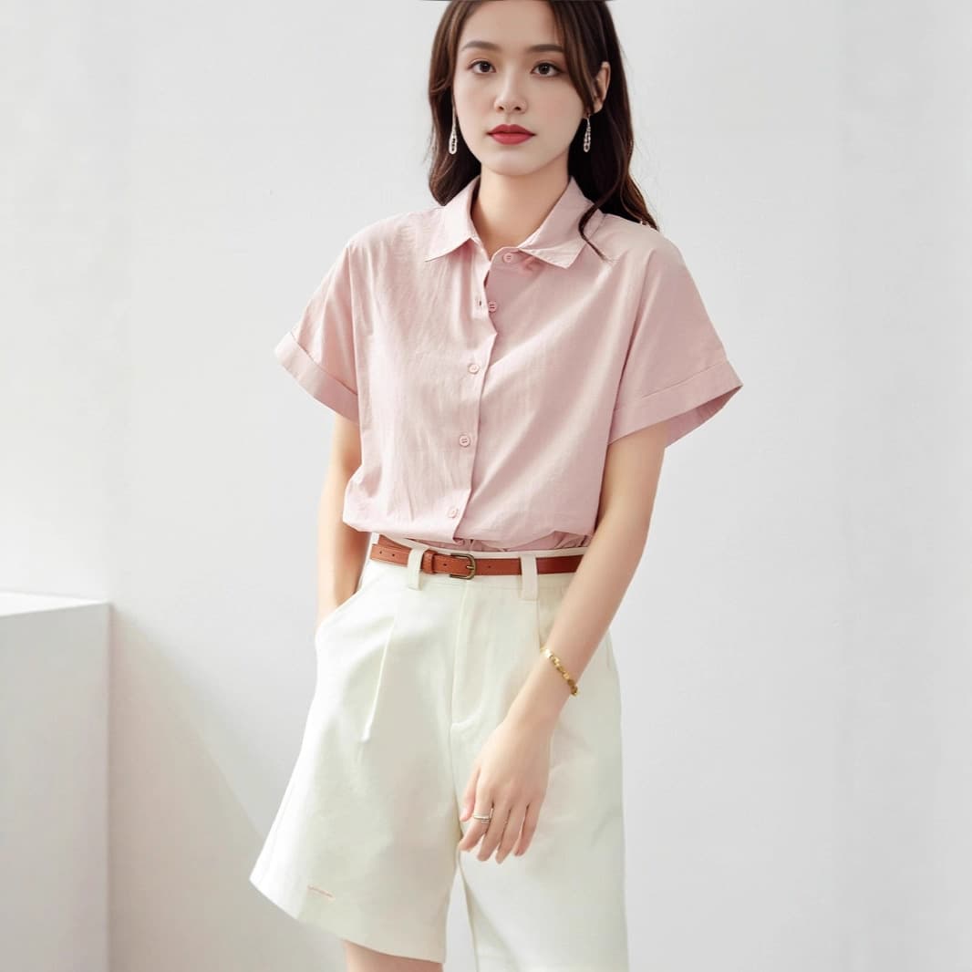 Cotton Pink Short Sleeve Shirt Women 2025 New Summer White Blouse Business Commute Women's Wear Loose Top