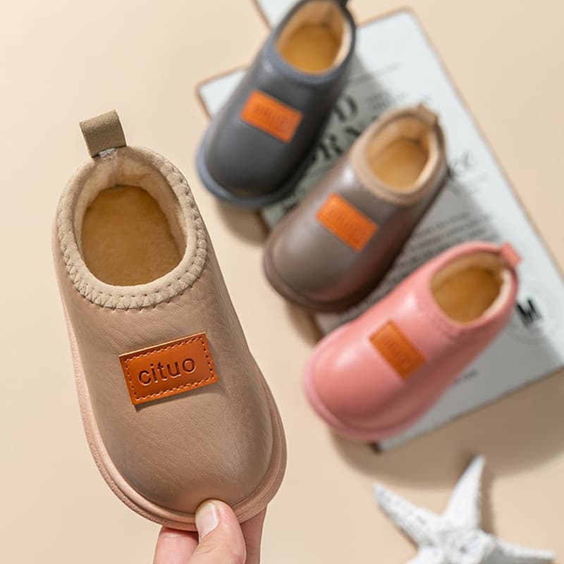 Children's Cotton Slippers Autumn/Winter Boys' Anti-Slip Waterproof Thick Sole Heel Cover Fleece-Lined Soft Sole Indoor Home Girls' Cotton Shoes