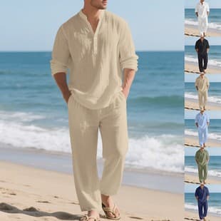 Cross-Border Independent Station Linen Autumn New Men's Loose Casual Breathable V-Neck Henley Shirt Long Sleeve Long Pants Set