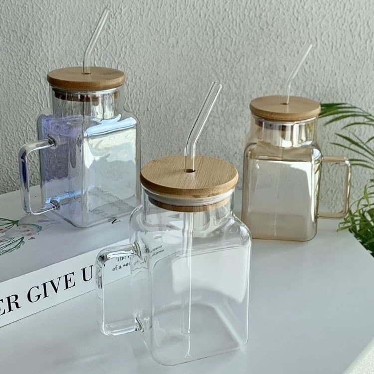 Wholesale square straw cup with lid glass manufacturer high borosilicate glass cup with handle mug water cup tea cup