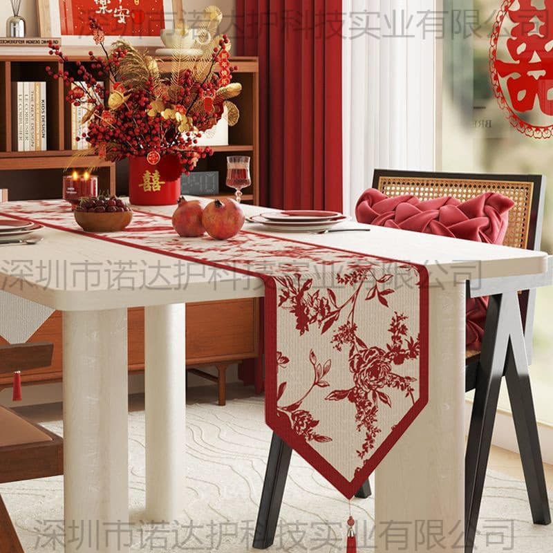 Wedding Festive Table Runner Tablecloth for Dining Table Atmosphere Tea Mat Cloth 2024 Red Double Happiness Coffee Table Cloth for Wedding Room