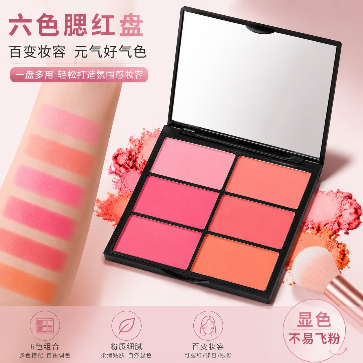 Six-color blush multi-color large plate rouge blush plate makeup artist student training photo studio makeup wholesale
