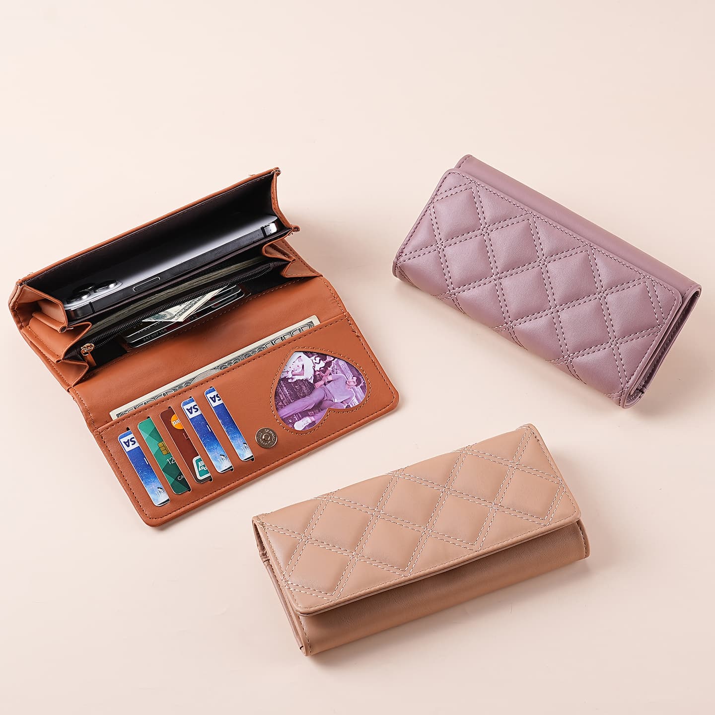 Cross-border Foldable Tri-fold Wallet, European and American Classic Women's High-Fashion Long Leather Wallet, Large Capacity Handheld Phone Bag