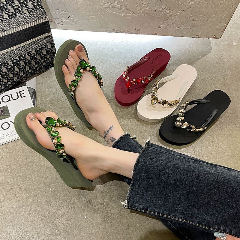 2024 Women's Fashionable Sandals Thick Heel Anti-Slip Beach Slippers Diamond Buckle Slippers Summer Open-Toe Slip-On Shoes