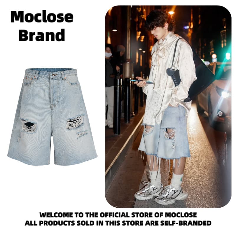 Moclose Spring/Summer Distressed Washed Ripped Denim Shorts for Men and Women, Loose Wide-Leg Casual Fashion