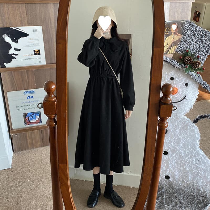 Bow Tie Long-Sleeve Dress for Women French Style Autumn/Winter 2026 New Arrival Waist-Tightening Slimming Elegant Long Dress
