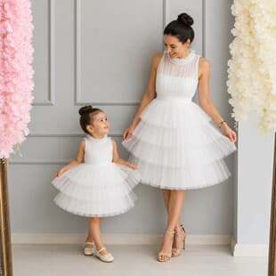 Mother-Daughter Matching Dress Tulle Princess Dress European American Cake Dress Export Quality Multi-Layer Ruffle Hem Short Dress Sweet