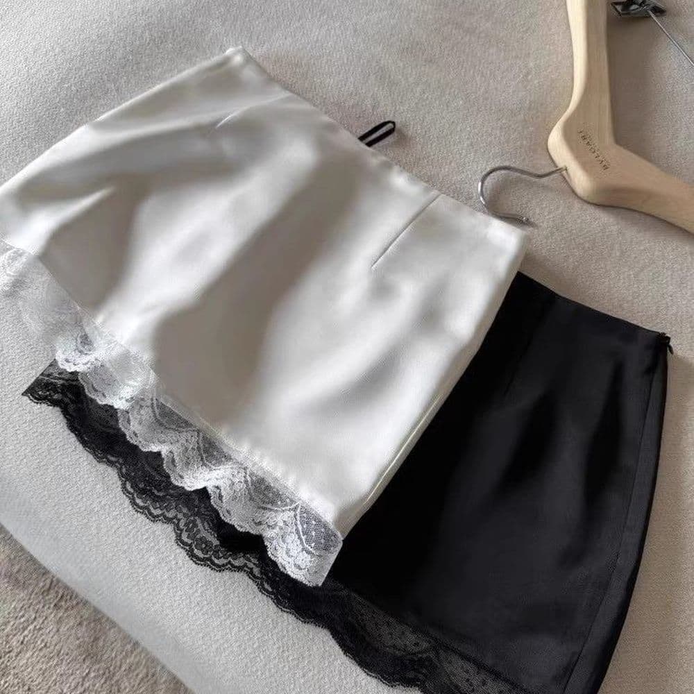 White Lace Patchwork Satin Skirt for Women Summer New High-Waist Slimming A-Line Skirt Anti-Exposure Short Skirt