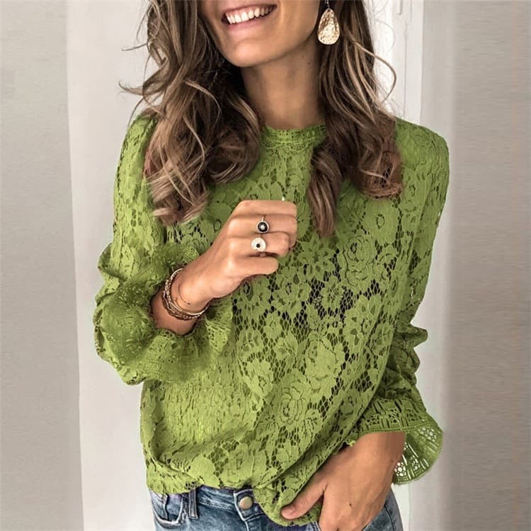 2024 Cross-border Amazon Wish Europe/US eBay New Style Flared Sleeve Long Sleeve Hollow Lace Blouse Women's Clothing