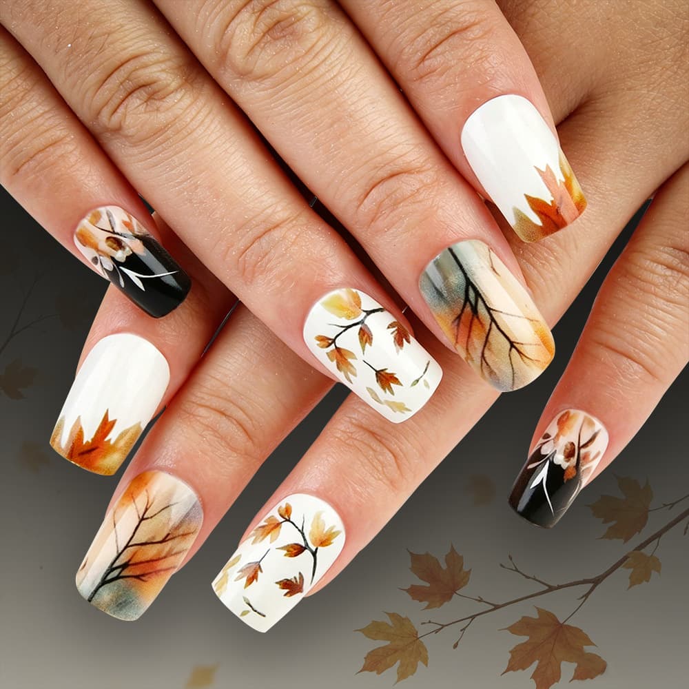 Autumn and Winter Nail Art Medium-Sized Colorful Maple Leaf Thanksgiving Leaf Press-On Nails 24 Pieces Removable Fake Nails