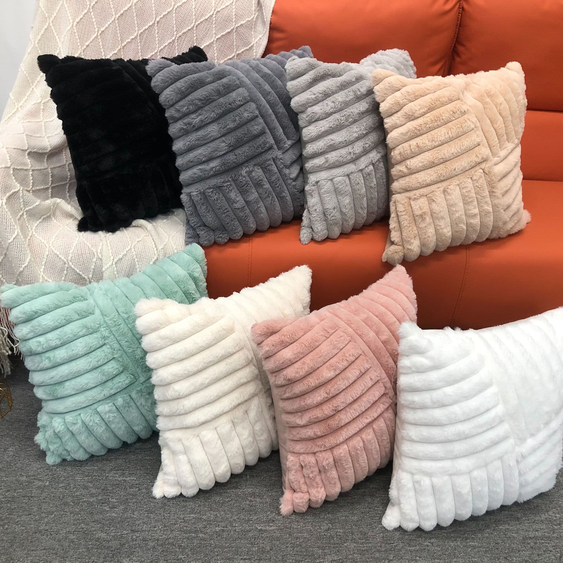 Amazon Rabbit Velvet Spliced Large Striped Pillow Home Sofa Cushion Rabbit Fur Quilted Bedside Cushion Pillow Cover