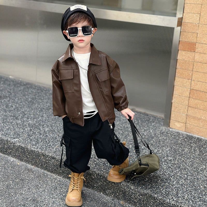 Boys' Leather Jacket, Cool & Stylish Spring/Fall 2025 New Arrival, Trendy Bomber Jacket for Toddler Boys