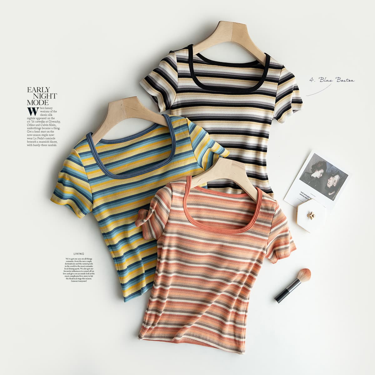 Cotton Short Sleeve T-Shirt with Padded Bust Color Block Stripes Elastic Cropped Inner/Outer Wear Top Integrated Cup Manufacturer Wholesale