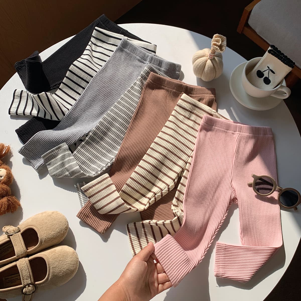 Kids Spring/Fall Ribbed Leggings for Girls, Versatile Slim-Fit Long Pants, Solid Color Striped Stretch Pants, Outerwear Bottoms