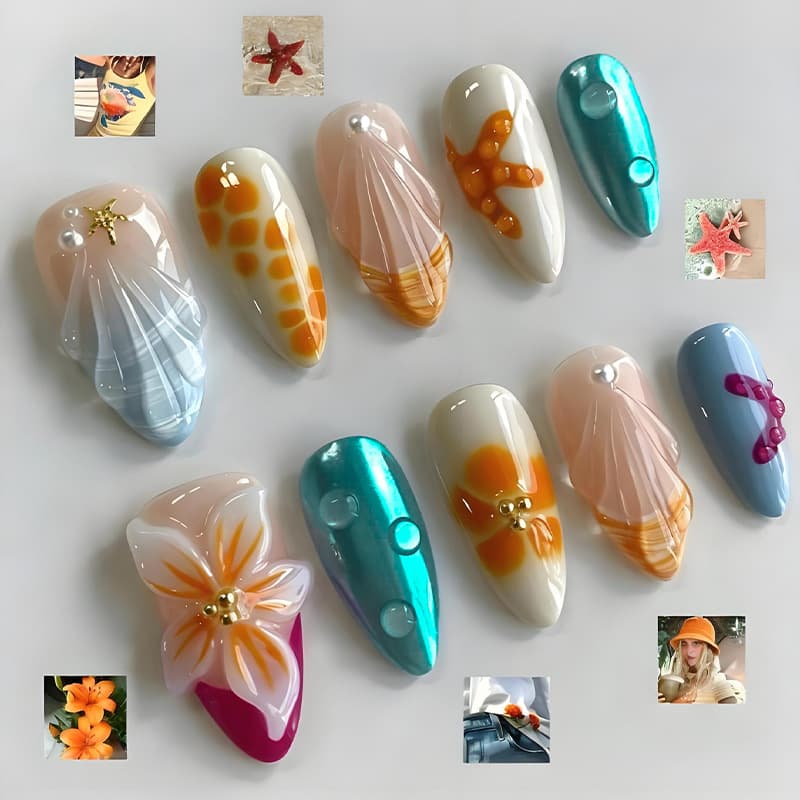 3D Embossed Summer Starfish Wearable Nails Cross-Border Hot Selling 30pcs Unique Shell Pattern Almond False Nails