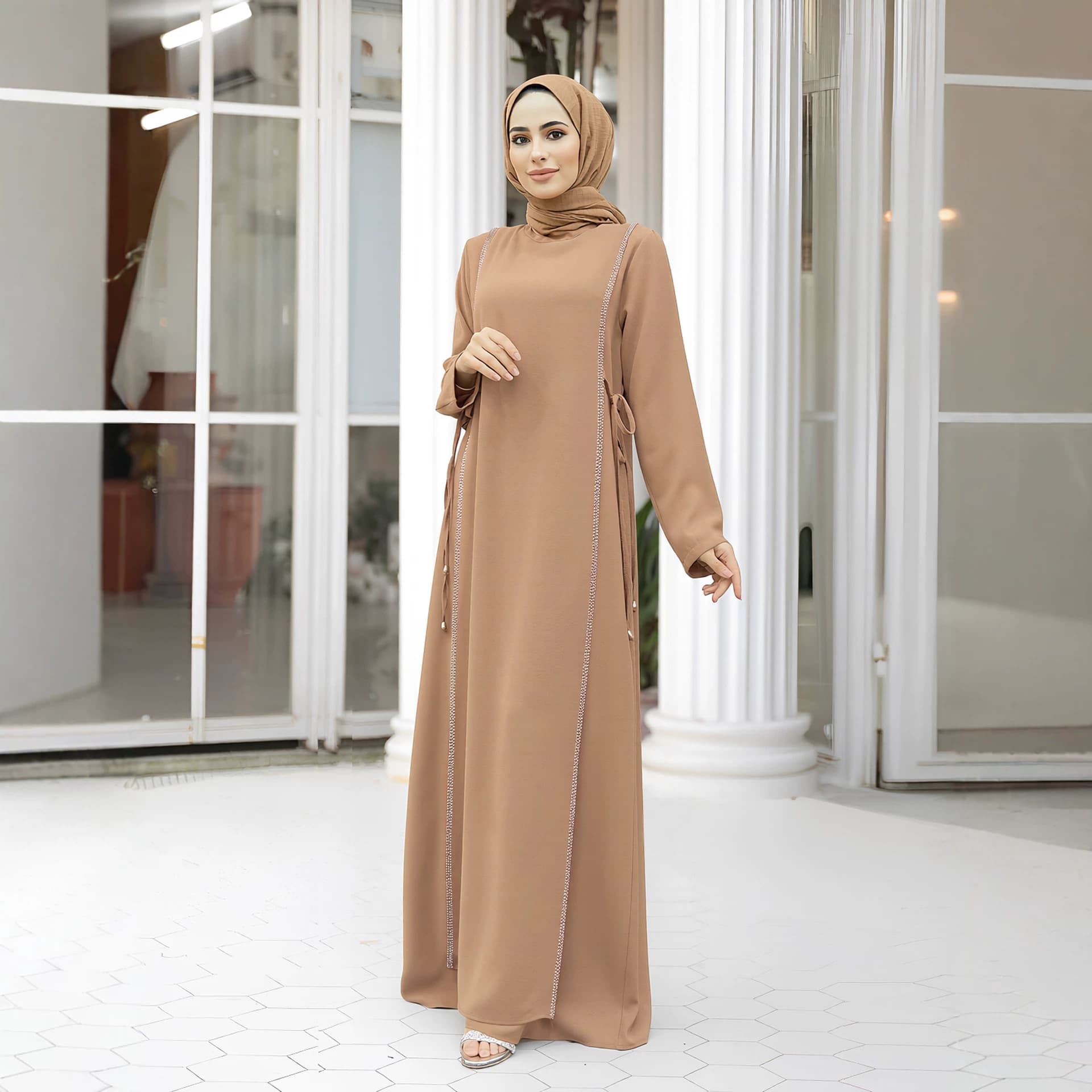 M199# Cross-Border Hot Selling Turkish Dress Fashion Rhinestone Stitching Tie Neck Small Stand Collar Dress TK Drop Shipping