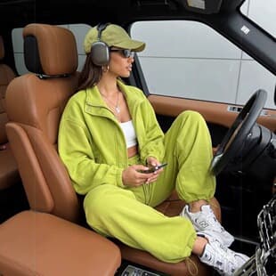 Export Basic Full-Zip Sports Set for Women, Loose Fitted Waist-Tied Jacket with Elastic Waist Wide-Leg Long Pants, 2-Piece Set