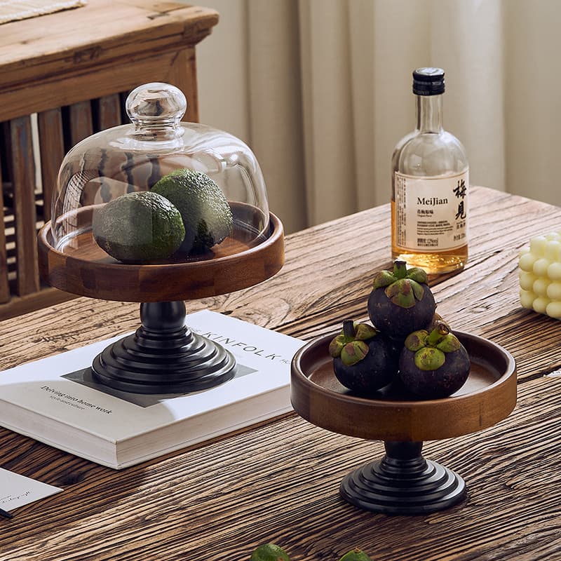 Acacia Wood Fruit Plate Ceramic Pedestal Cake Plate Snack Dessert Tasting Stand Home Use Dustproof Glass Dome Storage