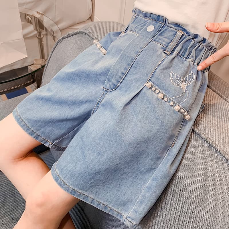 Girls' Fishtail Pearl Denim Shorts 2025 Summer Korean Style Thin Trendy Outfit for Older Girls
