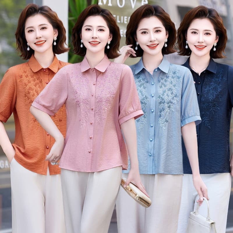 Summer New Fashionable Embroidered Half-Sleeve Shirt Loose Elegant Lapel Cardigan Top Blouse Stylish